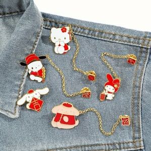 Sanrio 5pcs Hello Kitty Chain Brooch Cute Melody Pins, Metal Badge Jewelry